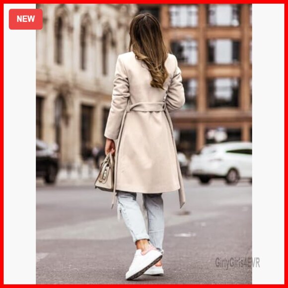 Wool Blend Trench Coat Double Breasted with Belt Fall Winter Peacoat - Picture 2 of 4